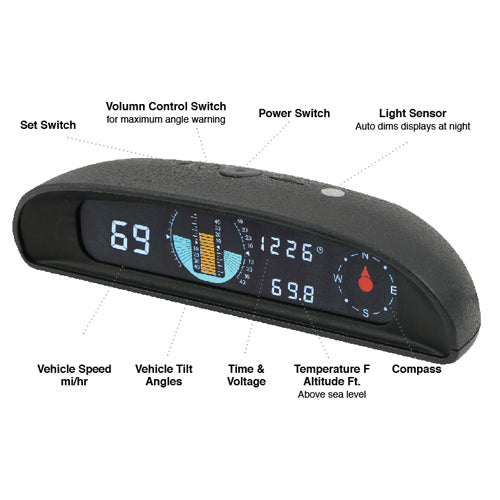 Heads Up Display con velocidad, altímetro, brújula y hora